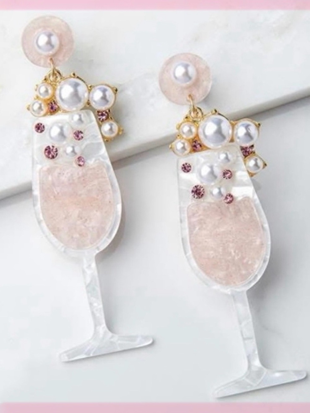 Plunder Champagne Glass Statement Earrings in Pink and Pearl